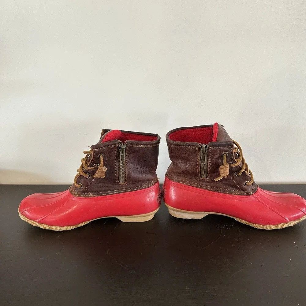 Women's Sperry Top-Sider Saltwater Rain Boots Leather Rubber Women's 6 Red Brown